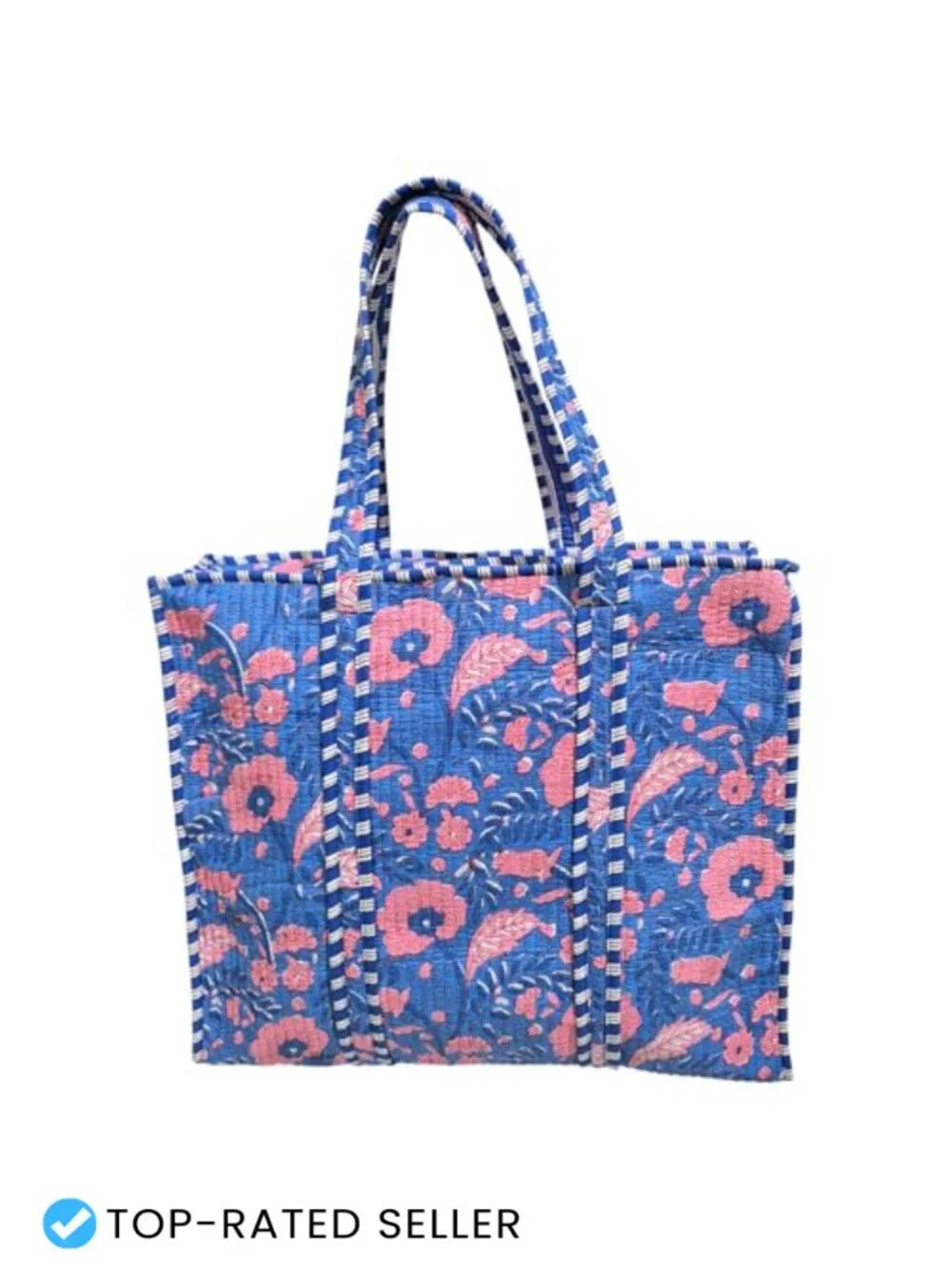 Large Quilted Cotton Tote Bag with Zipper, Handmade Block Print, Travel Tote